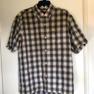 Quicksilver Men’s button down Tee shirt - Large - Tan with brown & black stripes
